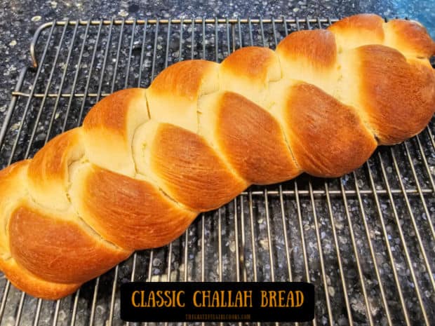 Make a loaf of beautiful braided classic challah bread to enjoy! It can be eaten freshly sliced, or used for sandwiches, French toast, etc.