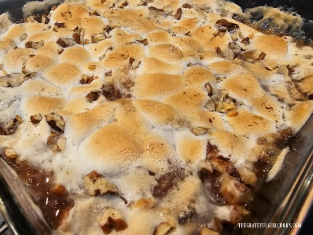 After it bakes a few minutes, the marshmallows on top are puffed and golden brown.