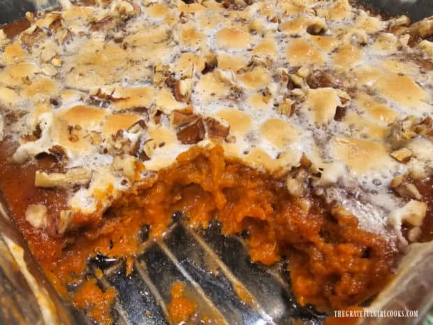 An "inside" view of the classic sweet potato casserole shows the creamy sweet potatoes.