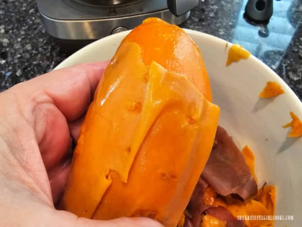 Peels on cooked sweet potatoes come off easily after the ice water "bath".