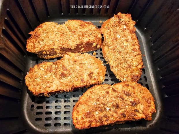 Crunchy Air Fryer French Toast - The Grateful Girl Cooks! After air-frying for 5 minutes, the French toast is done, crispy and golden brown.