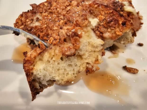 Crunchy Air Fryer French Toast - The Grateful Girl Cooks! A fork holds a bite of the crunchy French toast.