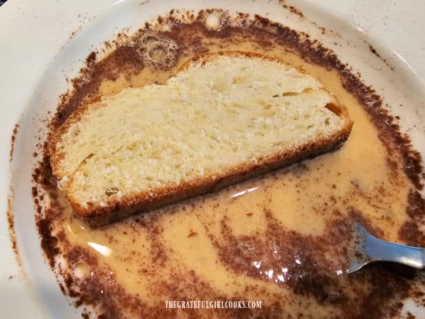 Crunchy Air Fryer French Toast - The Grateful Girl Cooks! A slice of challah bread is soaked in the wet ingredients first (both sides).