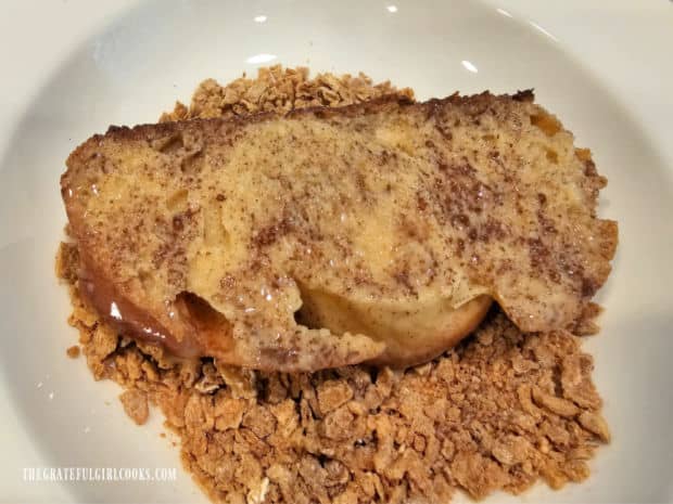 Crunchy Air Fryer French Toast - The Grateful Girl Cooks! Egg-soaked bread slice is then dipped and covered in crunchy cereal topping.
