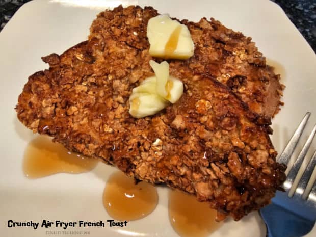 Crunchy Air Fryer French Toast - The Grateful Girl Cooks! Crunchy Air Fryer French Toast is a decadent breakfast featuring sliced Challah bread coated in egg, cinnamon, vanilla and a crispy topping!