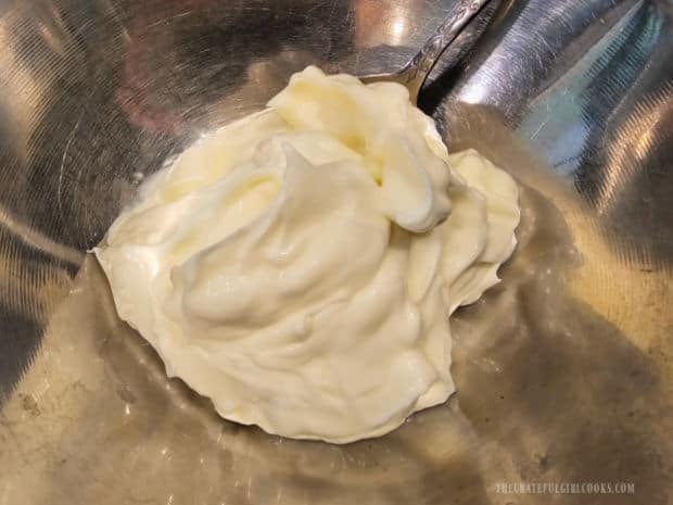 Homemade Tartar Sauce - The Grateful Girl Cooks! Mayonnaise in a small bowl, is the base ingredient for making homemade tartar sauce.