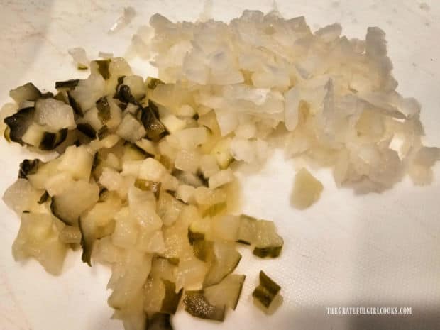 Homemade Tartar Sauce - The Grateful Girl Cooks! Finely chopped onions and dill pickles are used to make tartar sauce.