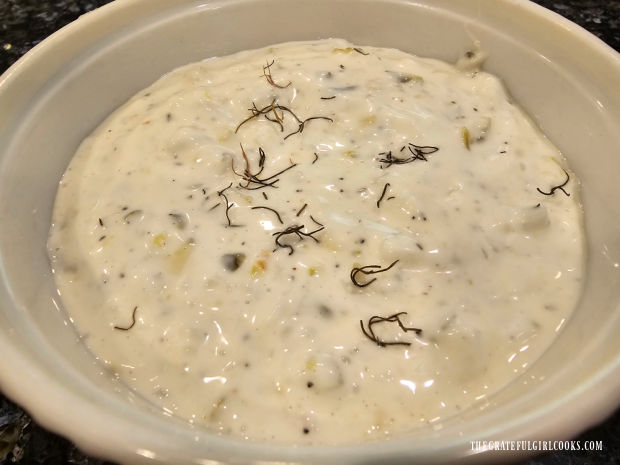 Homemade Tartar Sauce - The Grateful Girl Cooks! A small bowl of homemade tartar sauce is served cold, with dried dill weed on top.