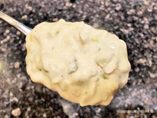 Homemade Tartar Sauce - The Grateful Girl Cooks! A spoonful of thick, homemade tartar sauce is shown.