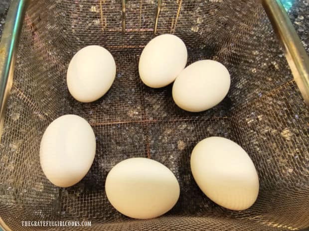 Wire mesh steamer basket can be used to hard-boil eggs in an Instant Pot.