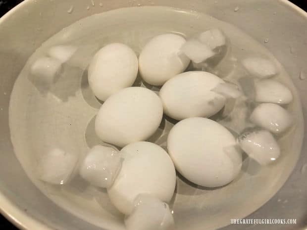 Instant Pot Hard-Boiled Eggs are plunged into an ice bath after cooking.
