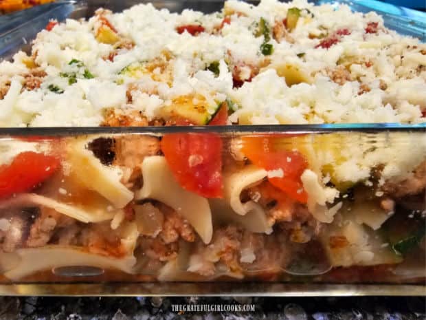 A side view of the layers in the Italian Turkey Noodle Bake before cooking.