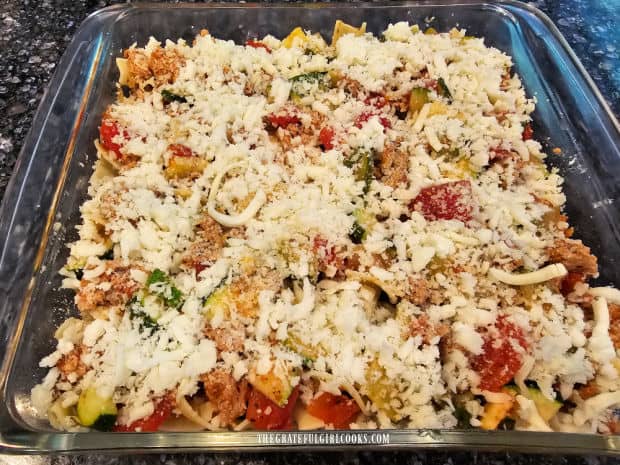 The Italian Turkey Noodle Bake is complete and ready for the oven.