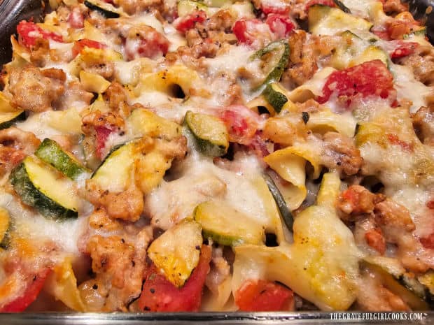 After cooking, the cheese is melted on top of the turkey noodle bake.