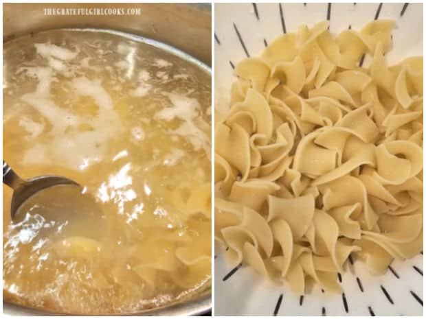 Dried egg noodles are cooked in boiling, salted water until tender, then drained.