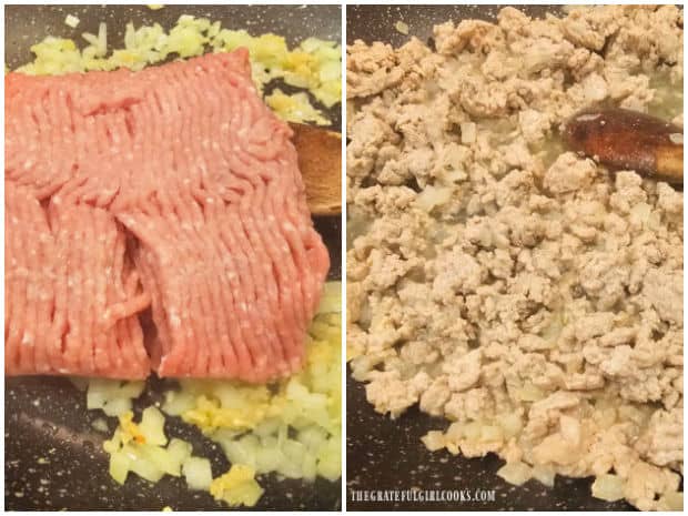 Ground turkey is added to the skillet, broken up and then cooked through and browned.