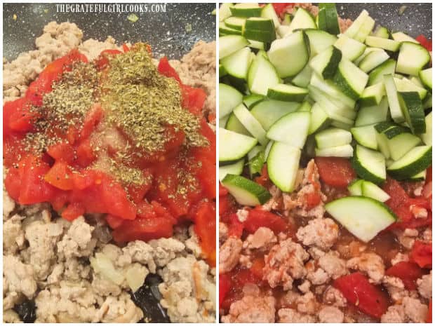 Diced tomatoes, spices and raw zucchini are added to turkey mixture in skillet.