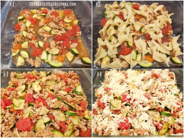 Photo showing the four layers of ingredients added to make the casserole.