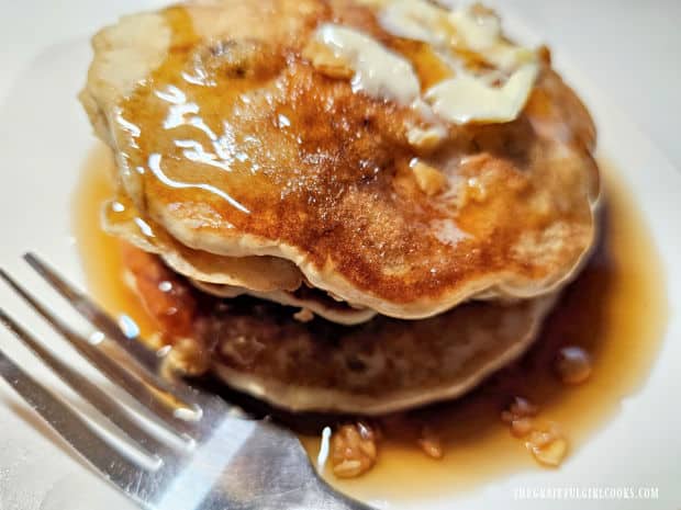 Peach and Granola Pancakes can be simply served with butter and pancake syrup.
