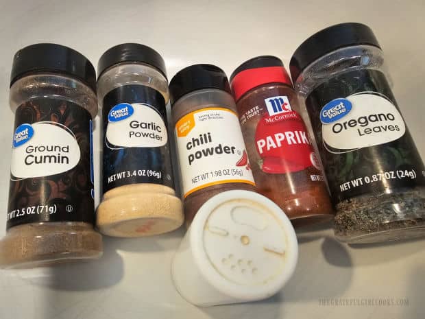 Taco Popcorn - The Grateful Girl Cooks! Shown are the spices used to season the melted butter for popcorn.