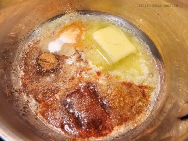 Taco Popcorn - The Grateful Girl Cooks! Butter is melted and combined with the taco-inspired spices in a saucepan.