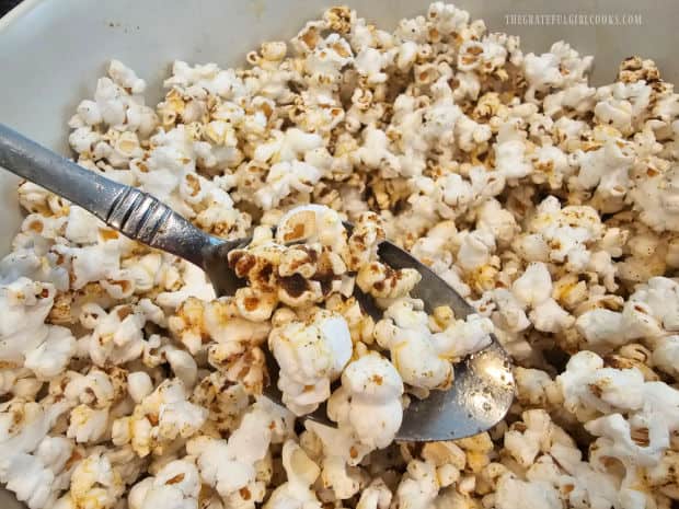 Taco Popcorn - The Grateful Girl Cooks! After seasoning, the taco popcorn is stirred and is now ready to be enjoyed.