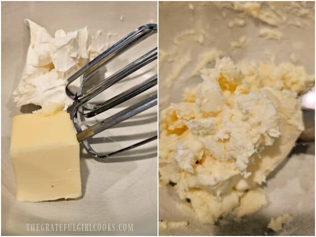 Soft butter and cream cheese are beaten together until smooth.
