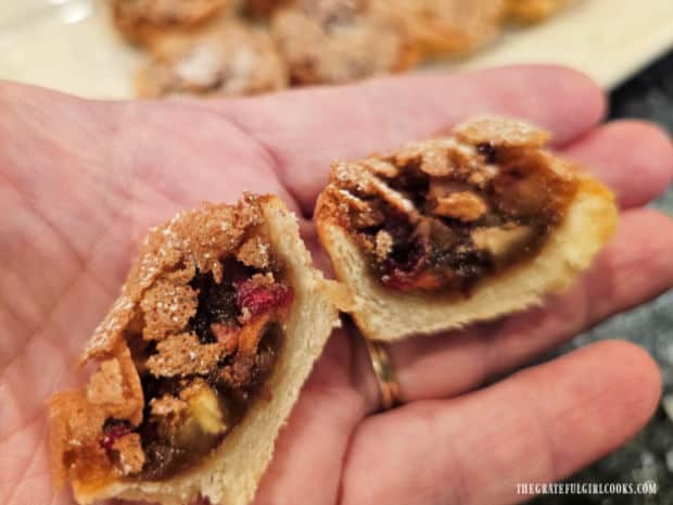 When cut open, the pecan and cranberry filling can be seen.