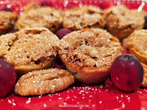 A close up of the tassies on a platter, along with fresh cranberries and pecans.