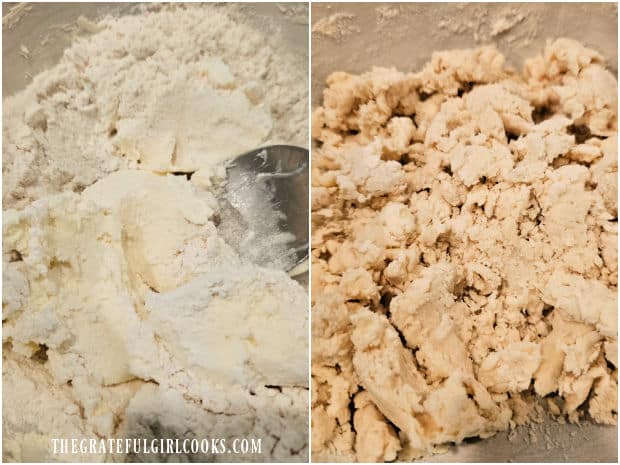 All-purpose flour is stirred into the cream cheese and butter to form a crumbly dough.