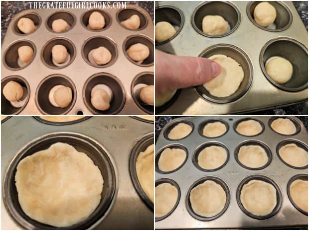 The dough is pressed down into and up the sides of mini muffin cups, forming a shell.