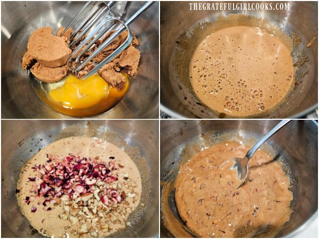 Egg, brown sugar, vanilla, salt, cranberries and pecans are combined for the filling.