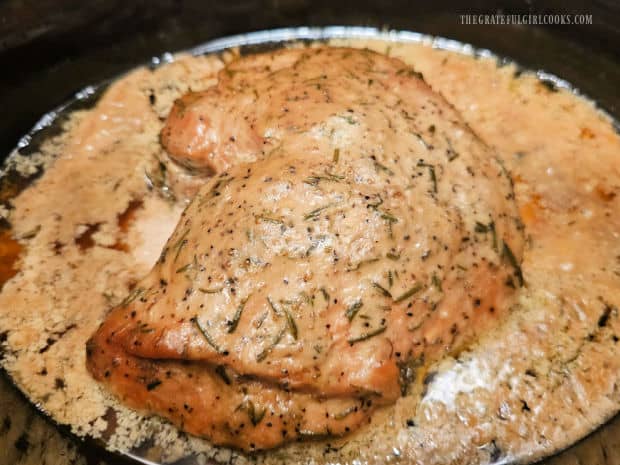 After long time cooking, the pork butt (in broth) is fully cooked and tender.