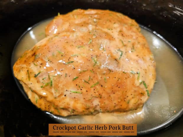 Crockpot Garlic Herb Pork Butt is seasoned with herbs, brown sugar and Dijon, and cooked low & slow until it's fall-apart tender! Delicious!