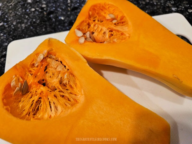Oven-Roasted Butternut Squash - The Grateful Girl Cooks! Butternut squash is sliced in half, lengthwise.