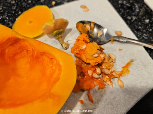 Oven-Roasted Butternut Squash - The Grateful Girl Cooks! Stem and bottom ends are sliced off, then seeds and stringy "pith" are removed.
