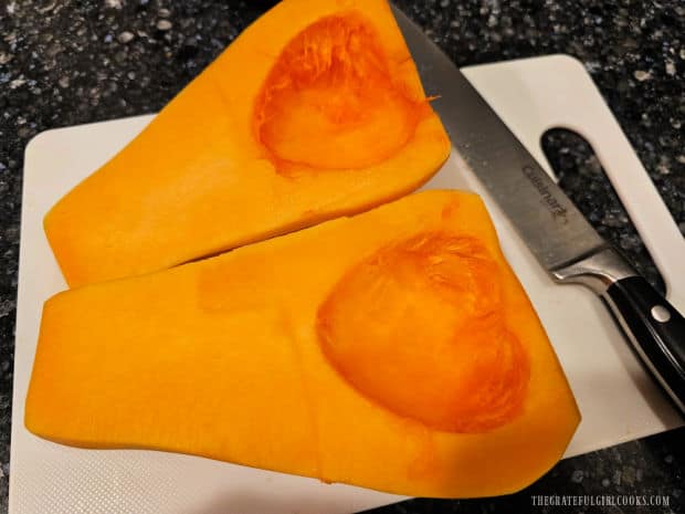 Oven-Roasted Butternut Squash - The Grateful Girl Cooks! Two butternut squash halves after seeds, etc. have been removed.