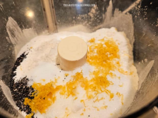 Dry ingredients for the scones are combined in a food processor.