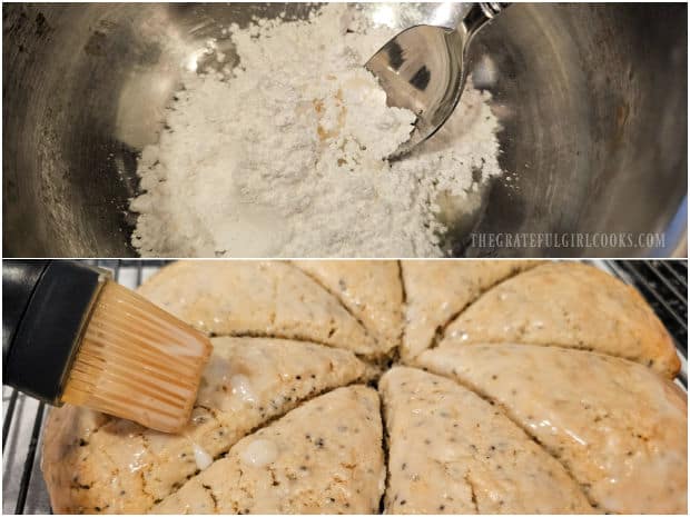 A lemon powdered sugar icing is made and brushed on the baked scones.