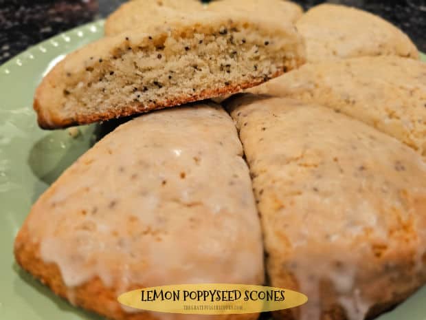 Lemon Poppyseed Scones (topped with lemon glaze) are a delicious breakfast treat or snack. They're easy to make, and I know you'll love them!