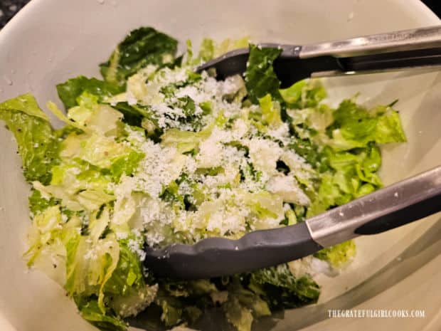 Creole Salmon Caesar Salad - The Grateful Girl Cooks! Chopped romaine lettuce is tossed with lemon juice and fresh grated Parmesan cheese.