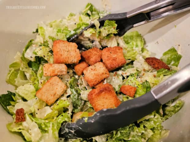 Creole Salmon Caesar Salad - The Grateful Girl Cooks! Croutons are added to the cold salad before serving.