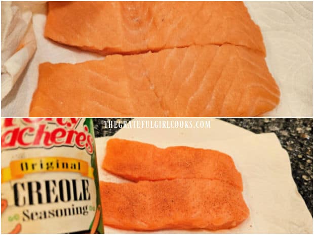 Creole Salmon Caesar Salad - The Grateful Girl Cooks! Two salmon fillets are sprinkled with powdered Creole seasoning on one side.