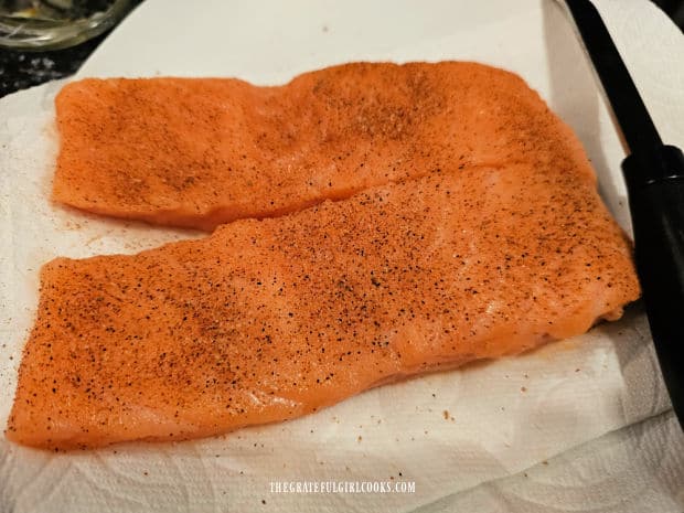 Creole Salmon Caesar Salad - The Grateful Girl Cooks! Seasoned with creole spice mixture, the two fillets are ready for pan-searing.