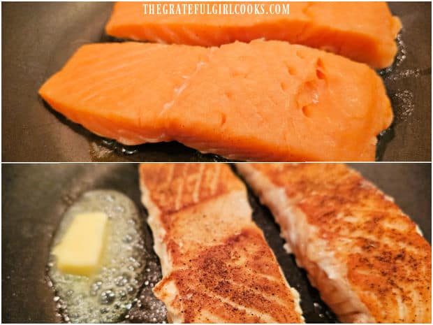 Creole Salmon Caesar Salad - The Grateful Girl Cooks! Salmon fillets are cooked in oil and butter in a skillet.