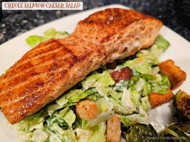 Creole Salmon Caesar Salad - The Grateful Girl Cooks! Make a delicious Creole Salmon Caesar Salad with a pan-seared salmon fillet topping a crisp salad in about 15 minutes from start to finish!