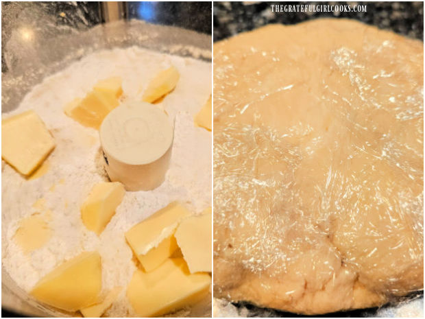 Dry ingredients and cold butter are processed until crumbly, then dough is refrigerated.