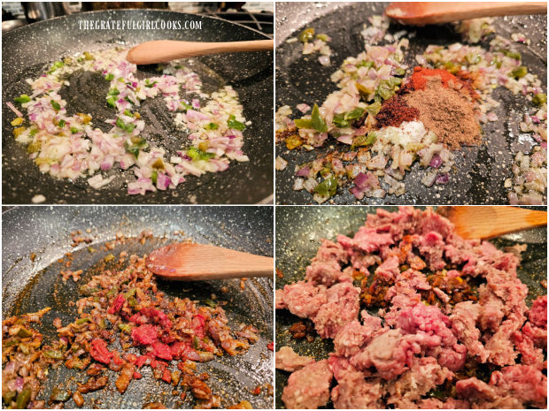 Chopped veggies and spices are cooked with ground beef in this 4-photo collage.