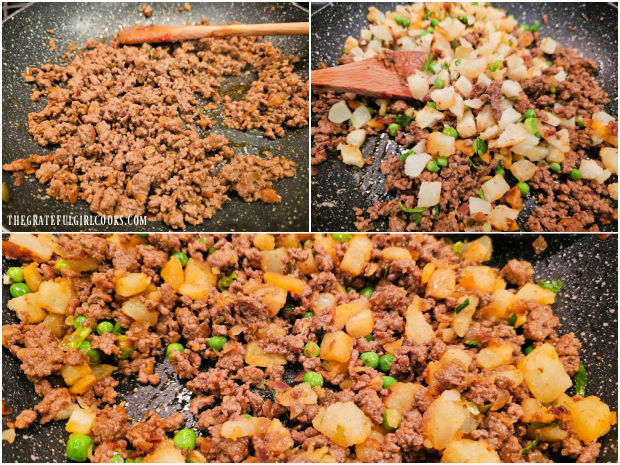 Cubed boiled potatoes, peas and herbs are added to the ground beef filling.