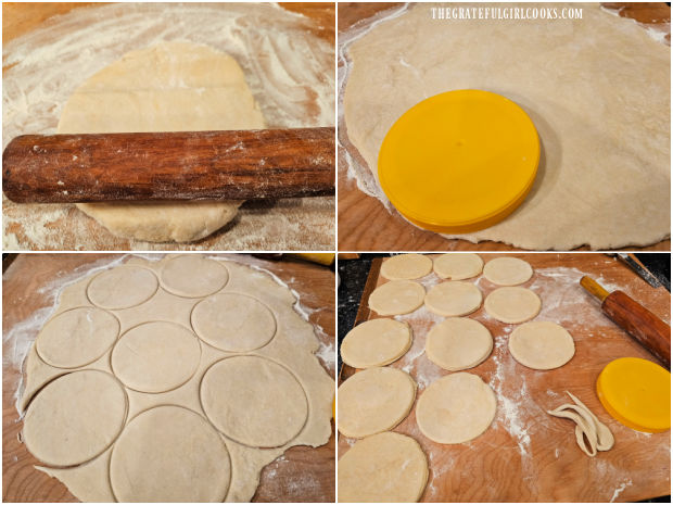 Chilled empanada dough is rolled out and then cut into 5" circles.